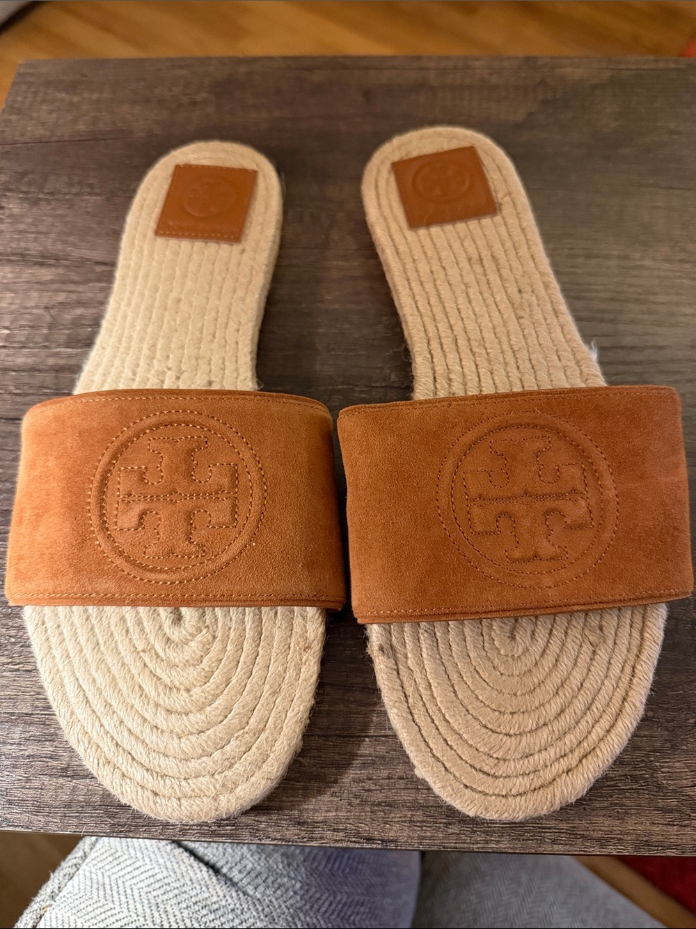 Tory Burch Tan Suede Logo Slide Sandals